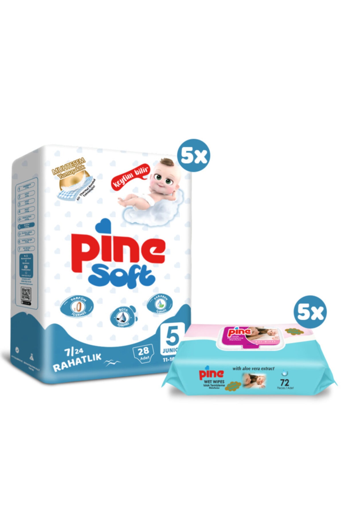 Pine Junior (11-18 KG) 140 Adet Bebek Bezi 5 Paket 72'li Islak Mendil
