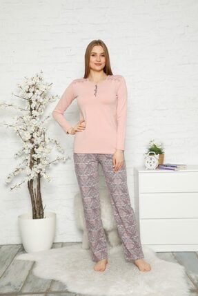 Kadın Pembe Nakış Pamuk Likra Uzun Kol Cepli Pijama Takımı 2554