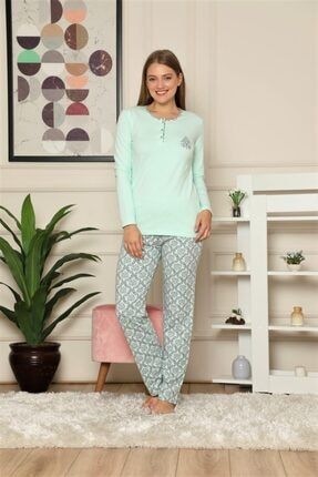 Kadın Yeşil Şal Desen Pamuk Likra Uzun Kol Mevsimlik Pijama Takımı 2531