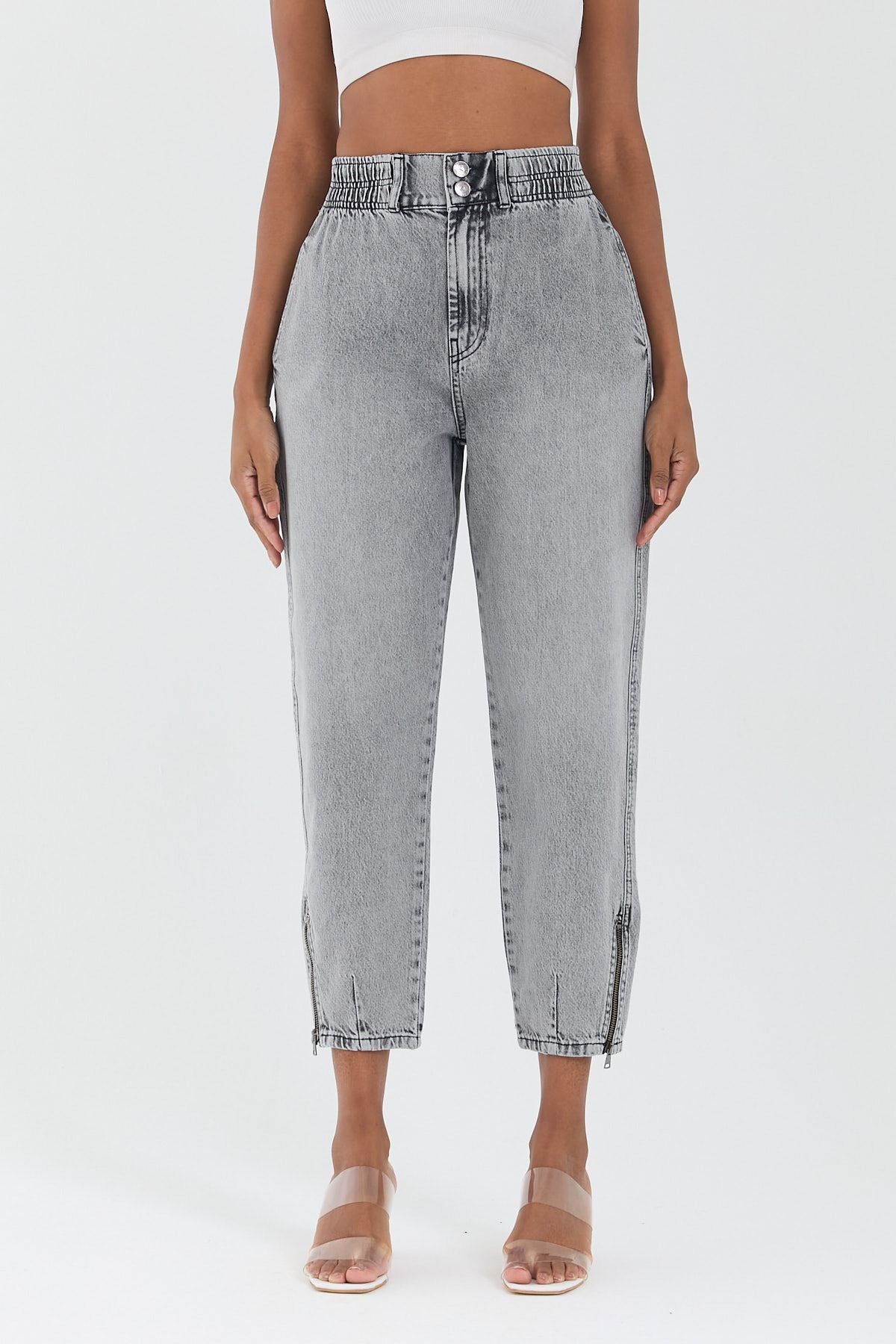 Kadın Gri Paça Fermuar Detaylı Mom Jeans