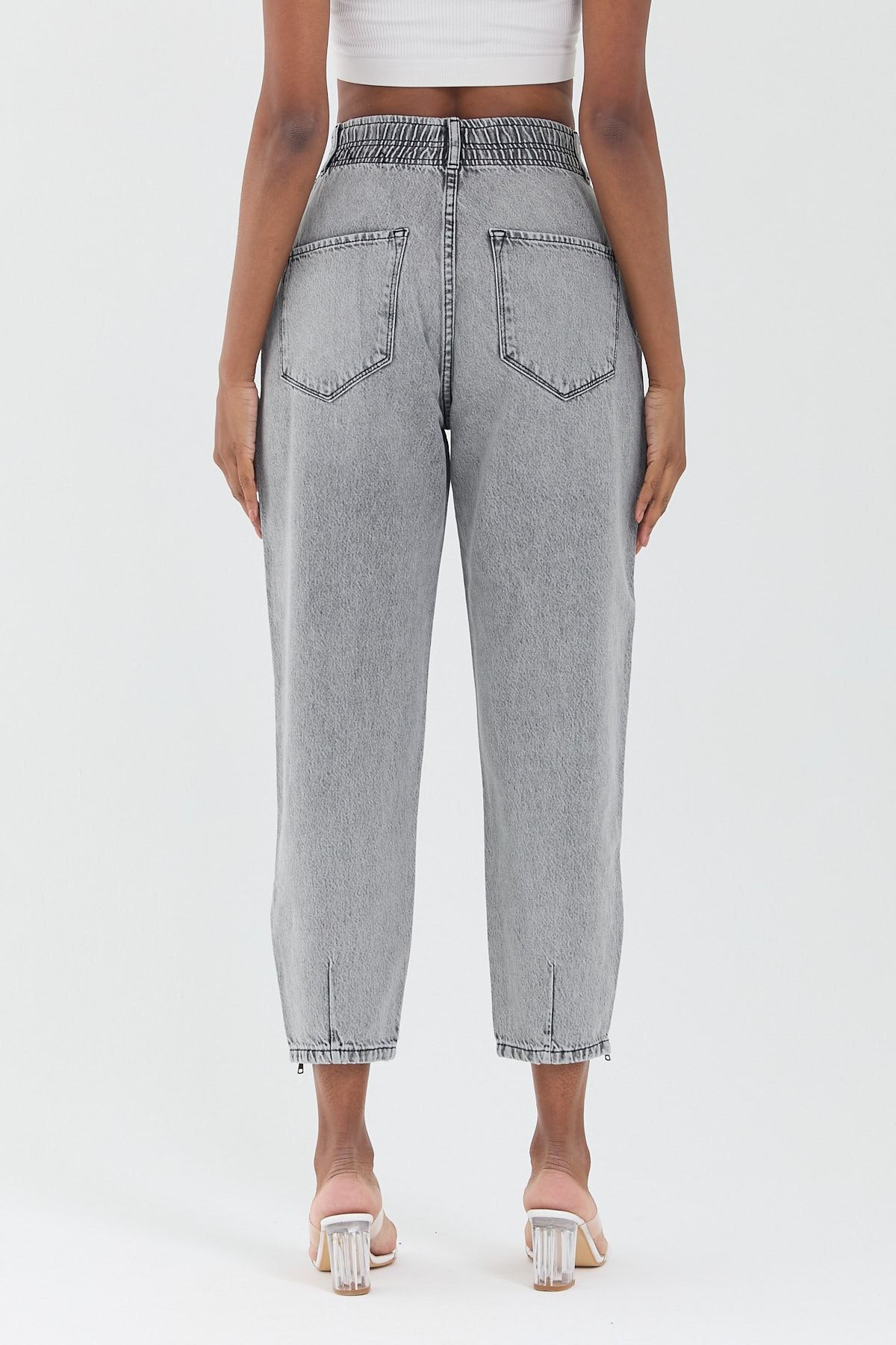 Kadın Gri Paça Fermuar Detaylı Mom Jeans
