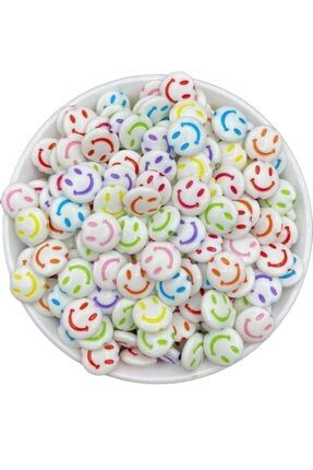 14mm Beyaz Zemin Üzeri Renkli Yassı Smile,gülen Surat, Gülen Yüz Boncuk (25 Gr, ~45 Adet) 14MMSMILEBEYAZRENKLI