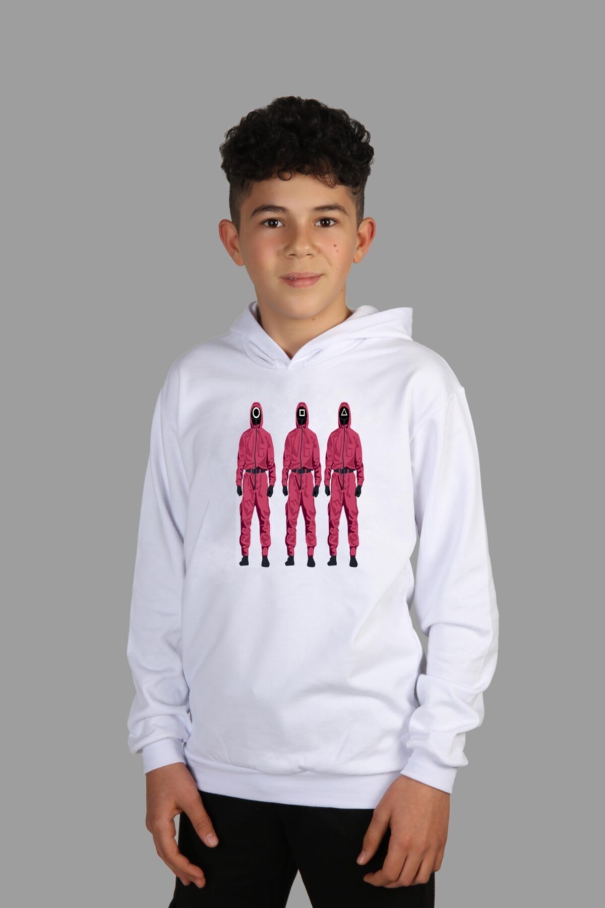 Raf Coll-Children's White Hooded Sweatshirt Squid Game Digital Printed Two Threads with Ribbon Inside 1