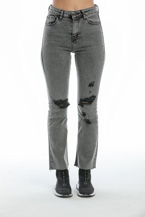 Gri Yüksek Bel Yıkamalı Yırtıklı Slim Fit Jeans 2021-210