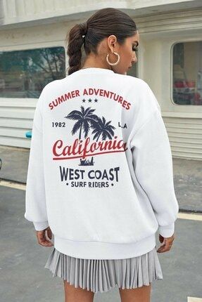 Kadın Beyaz California Baskılı Kalın Oversize Sweatshirt 01CALI