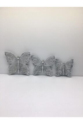 Dekoratif Polyester Üçlü Kelebek Gümüş Duvar Süsü S-041021-19x19