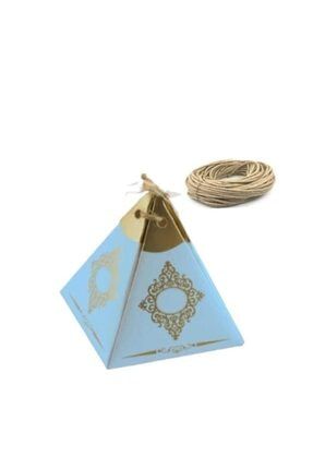 Mavi Altın Varaklı Piramit Lokum / Şeker Kutusu 50 Adet/ 10 Metre Jüt Ip 8609952169992
