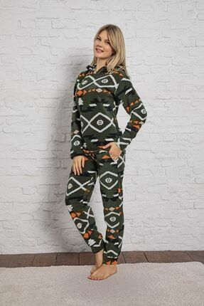 Kadın Yeşil Desenli Kışlık Polar Pijama Takım 10k-3014-9 10K-3014S