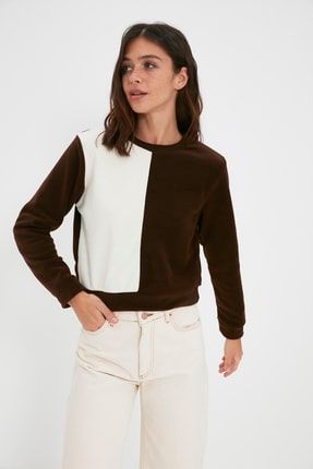 Kahverengi Renk Bloklu Basic Polar Örme Sweatshirt TWOAW22SW1744
