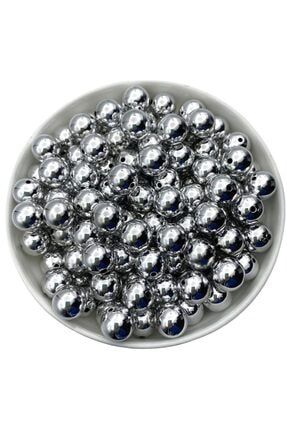 14mm Gümüş Renk Parlak Metalize Plastik Boncuk,metalik Takı,çanta Yapım Boncuğu (100gr , ~65 Adet) 14MMGUMUSMETALIZE