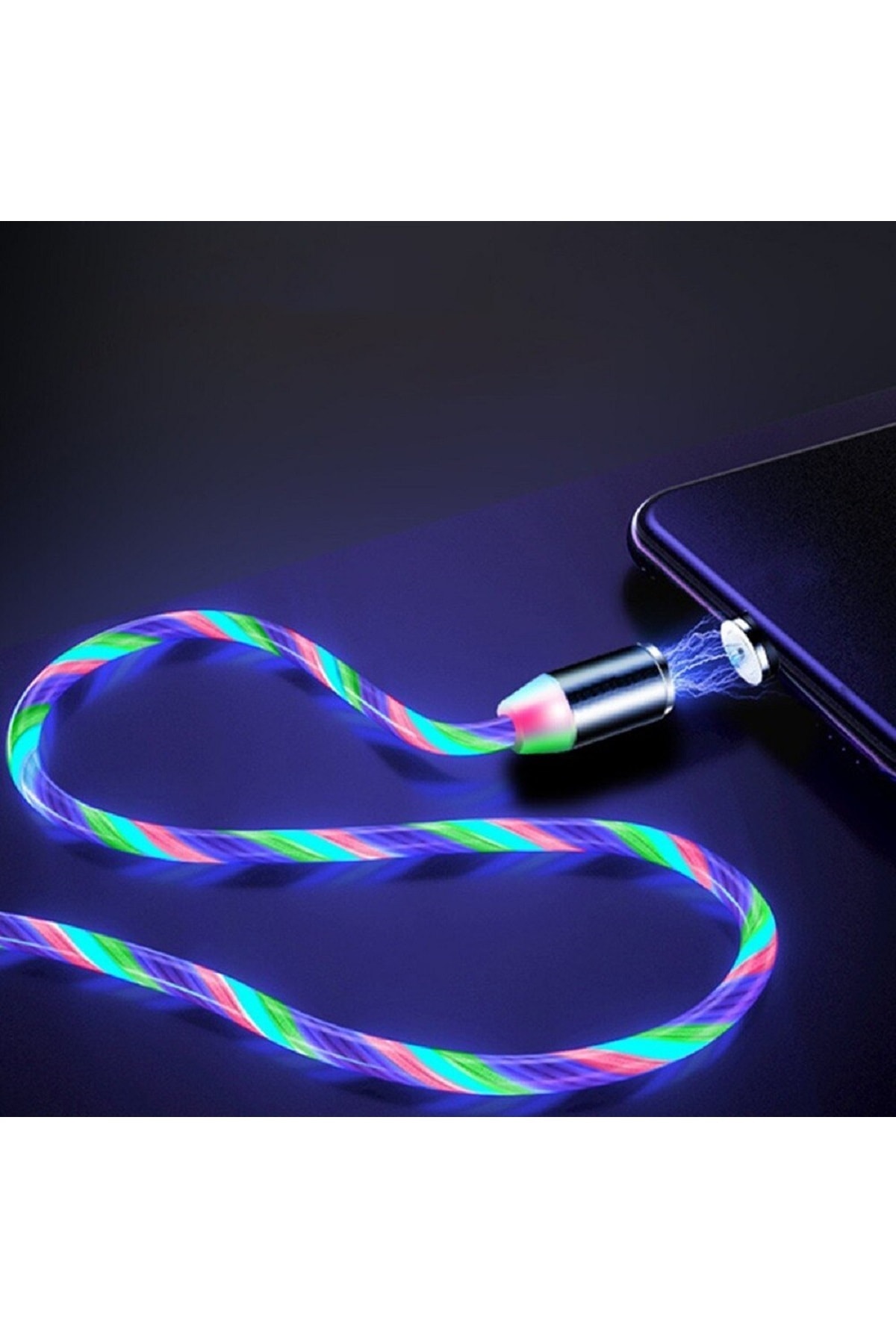 Manyetik Mıknatıslı Akan Işıklı 3 Uçlu Karışık Renkli Rgb Usb Kablo Iphone Samsung Xiaomi Uyumlu