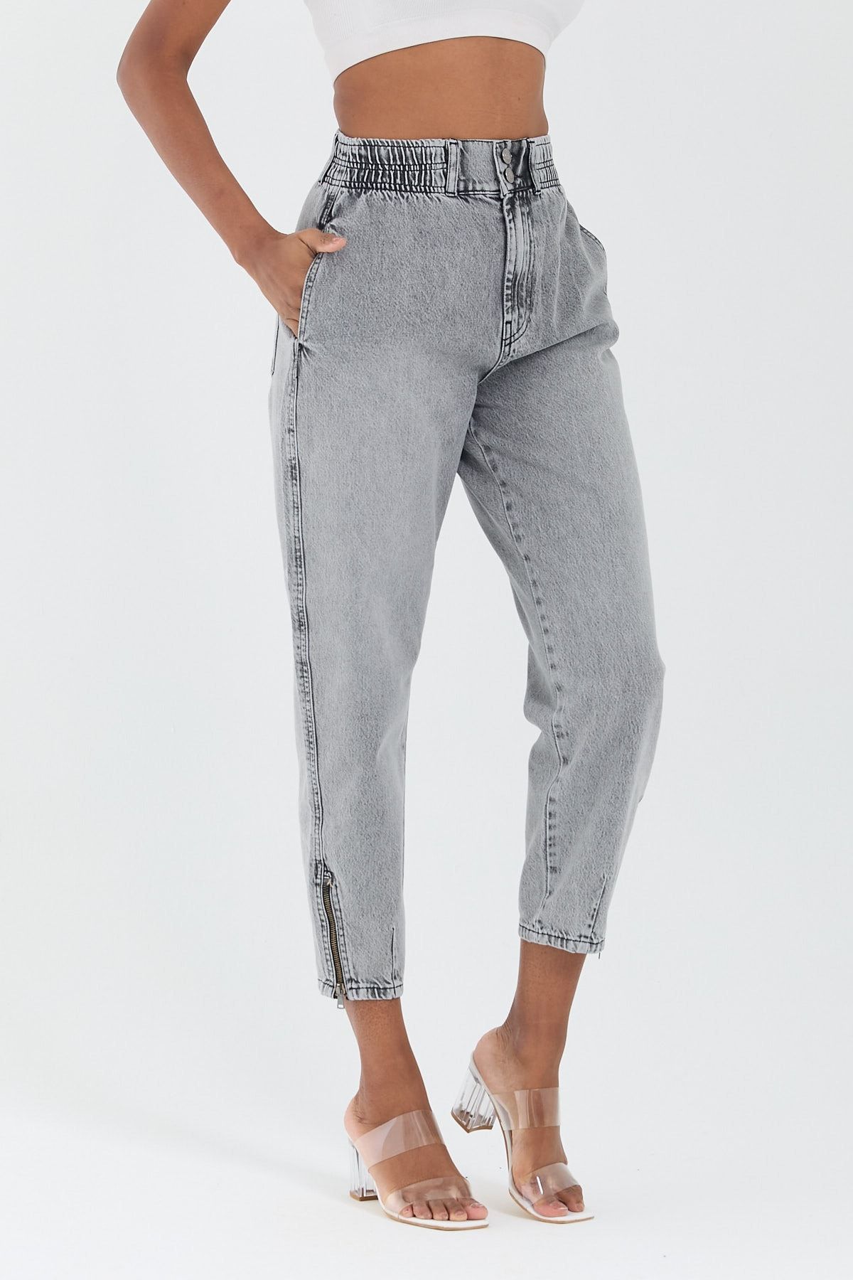 Kadın Gri Paça Fermuar Detaylı Mom Jeans