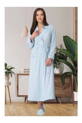622-183 Kadın Lahusa Mavi Dantel Detaylı Pamuklu Sabahlıklı Kısa Kollu Pijama Takımı 622183 TYC00201534947