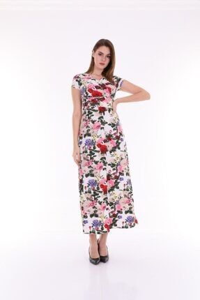 Kadın Üzeri Çiçek Desenli Kısa Kollu Uzun Elbise 100006