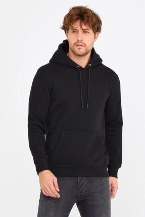 Erkek Düz Kapüşonlu Sweatshirt Siyah 498BRZA