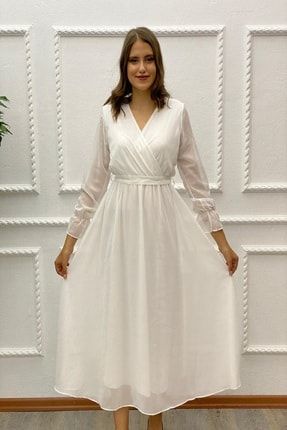 Astarlı Uzun Şifon Elbise - Beyaz TYC00249608819