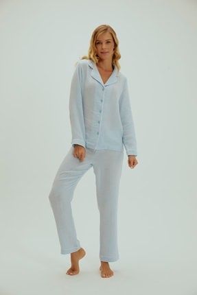 Organik Müslin Kadın Pijama Mavi 001