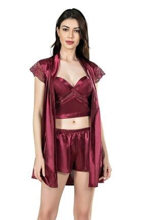 Bordo Büstiyerli Üçlü Saten Gecelik Babydoll Şort Takım 7659 Ahulingerie-7659