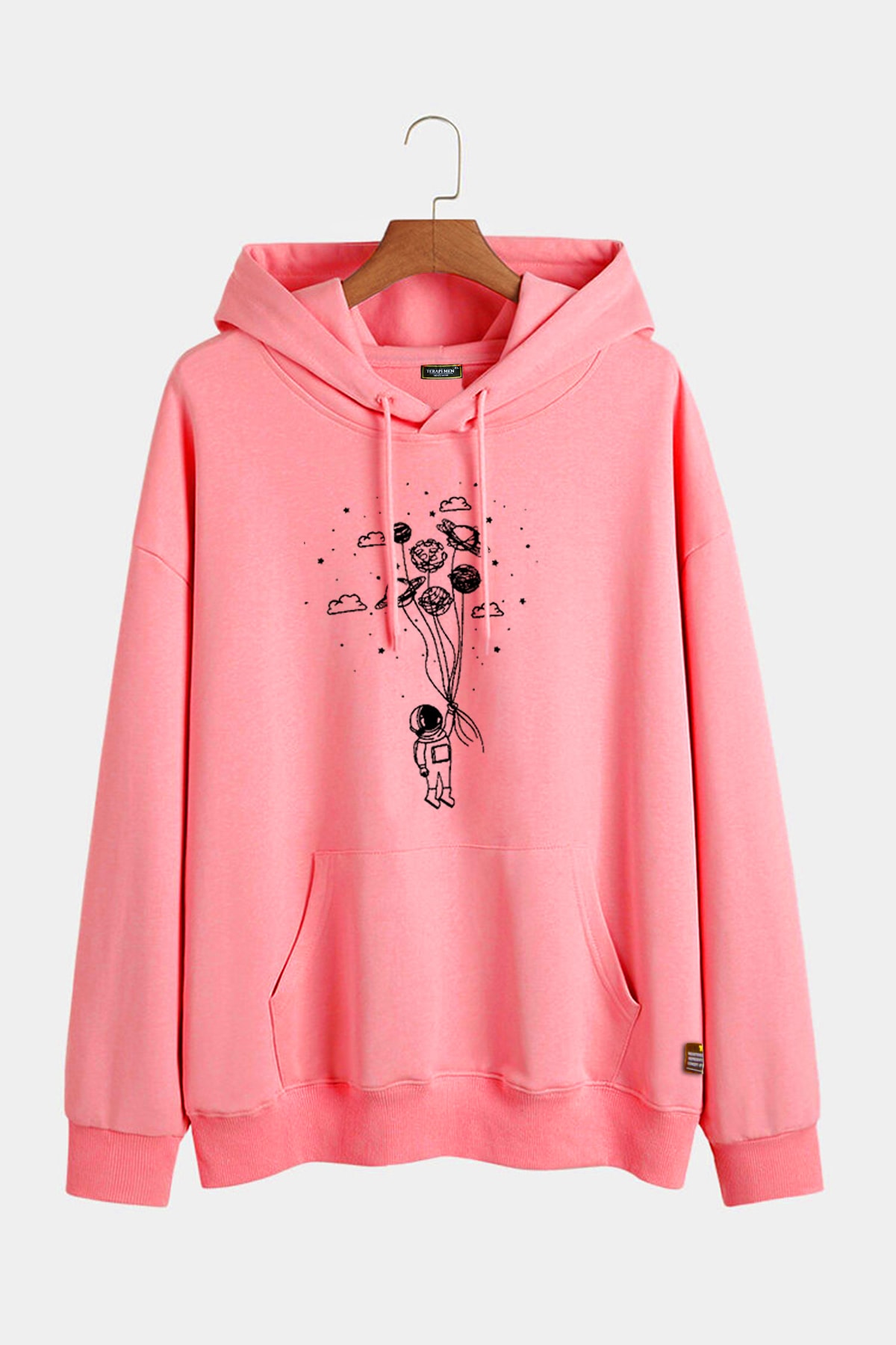 VEAVEN Unisex Pembe Kapüşonlu Balon Baskılı Slim Fit Kanguru Cepli Sweatshirt