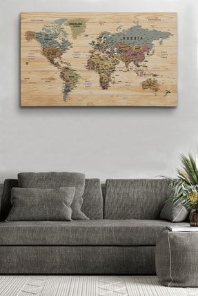 Ahşap Görünümlü Dünya Haritası Ayrıntılı Ve Dekoratif Kanvas Tablo 1813