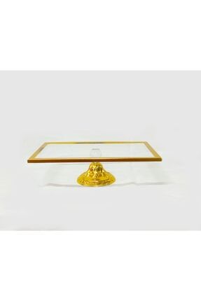 Gold Ayaklı Cam Pasta Standı Sunumluk Dikdörtgen 37x25 Cm 0003