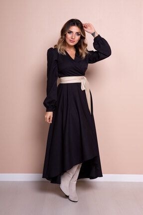 Kadın Krem Deri Kemerli Siyah Uzun Kol Asimetrik Kesim Elbise 210-SYH-KRMKMR