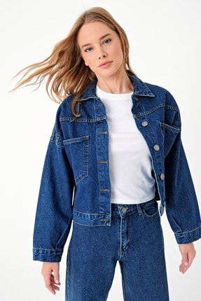 Kadın Koyu Mavi Crop Denım Ceket ALC-X3631-RV