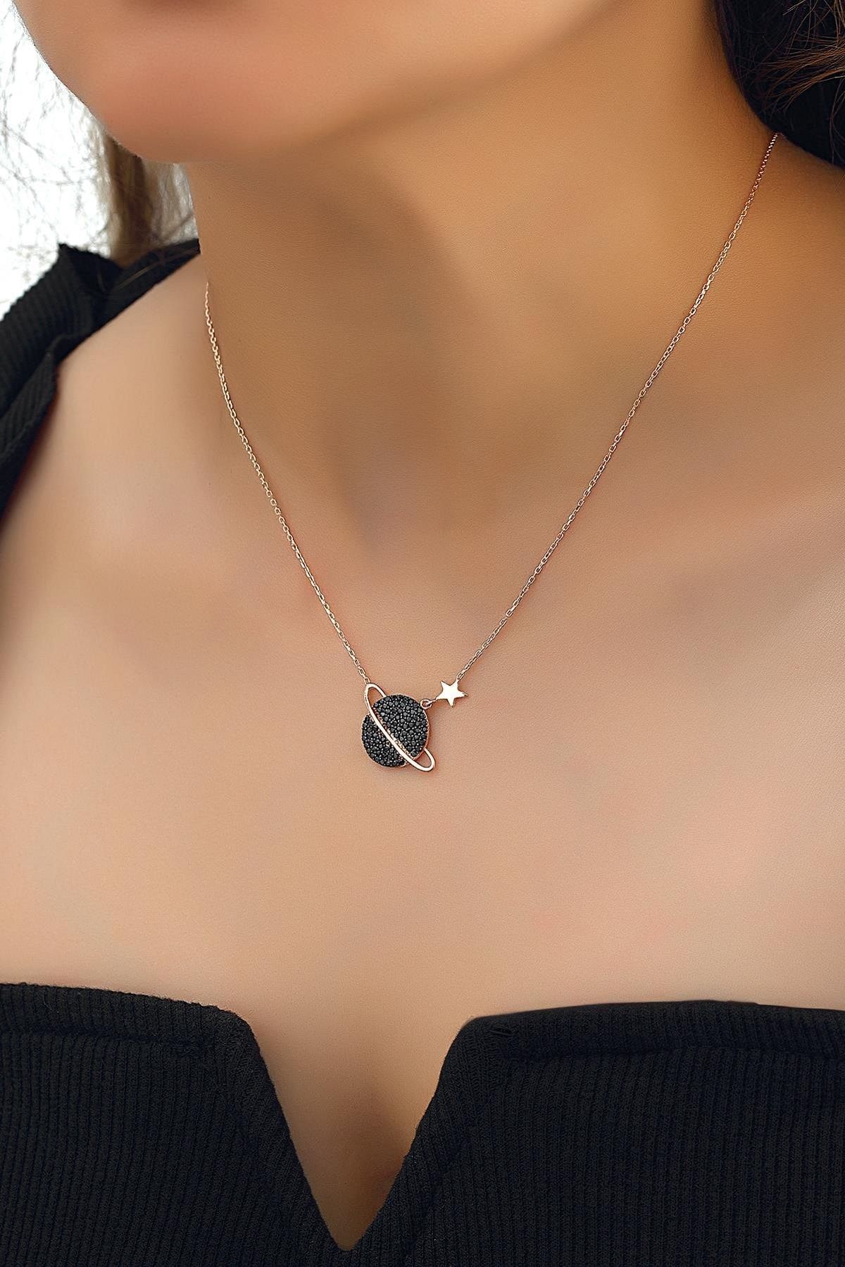 Herisson Silver Kadin 925 Ayar Gumus Zirkon Siyah Tasli Gezegen Kolye Trendyol