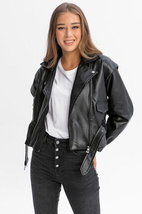 lund kadin siyah balon kollu suni deri biker ceket fiyati yorumlari trendyol