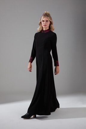 Kadın Siyah Jakar Detaylı Elbise 20KGMZL1010019-BORDO