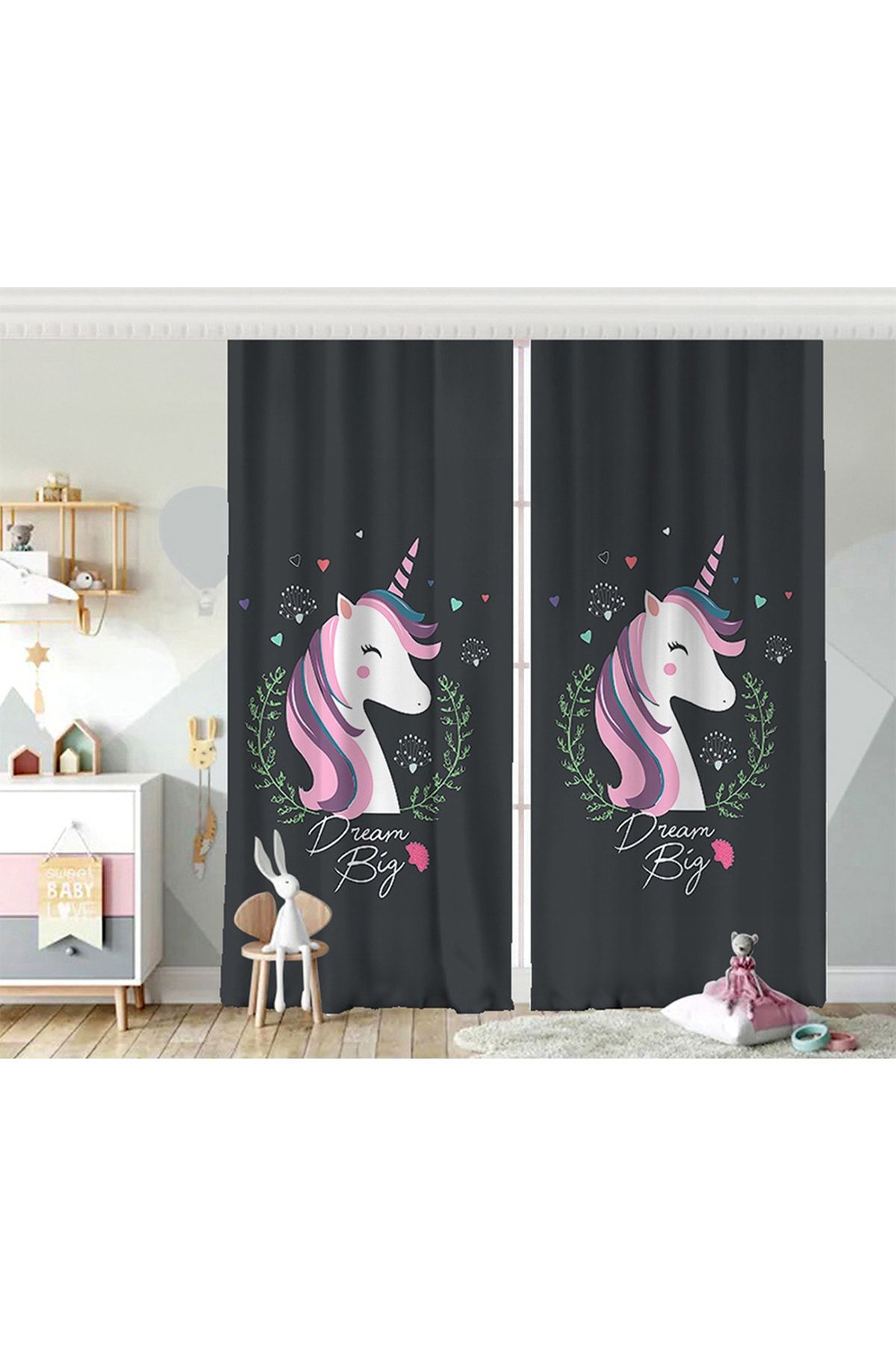 Realhomes Magic Unicorn Design Fundal Negru Aripă Dublă Camera Copiilor Fundal Cortina - 280 x 200