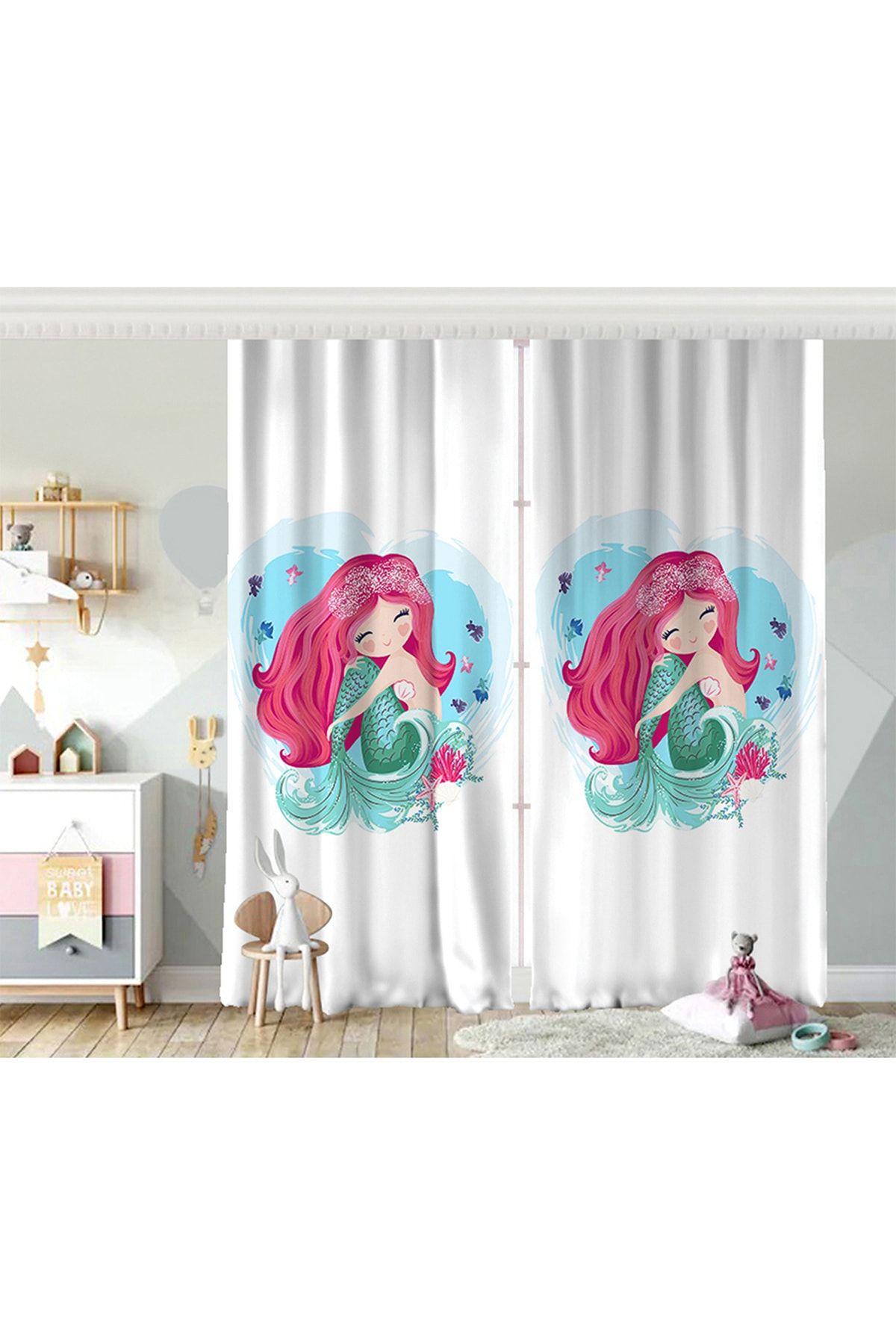 Realhomes Cortina De Fundal Pentru Camera Copiilor Imprimate Digital Cu Design Sirenă Pe Fundal Alb Cu Aripi Duble - 280 x 200