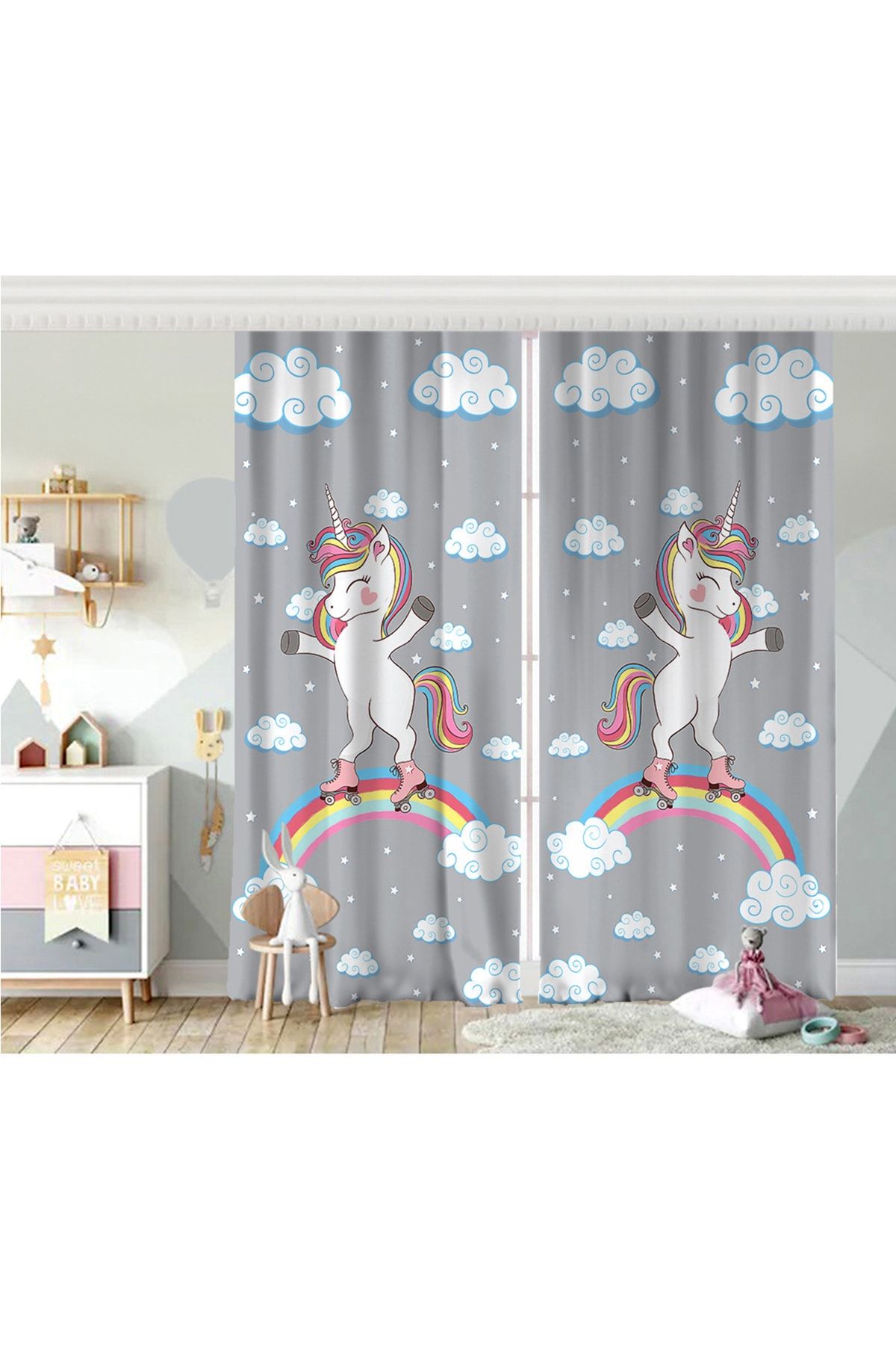 Realhomes Cortina De Fundal Pentru Camera Copiilor Cu Aripă Dublă Gri Cu Model Unicorn - 280 x 260