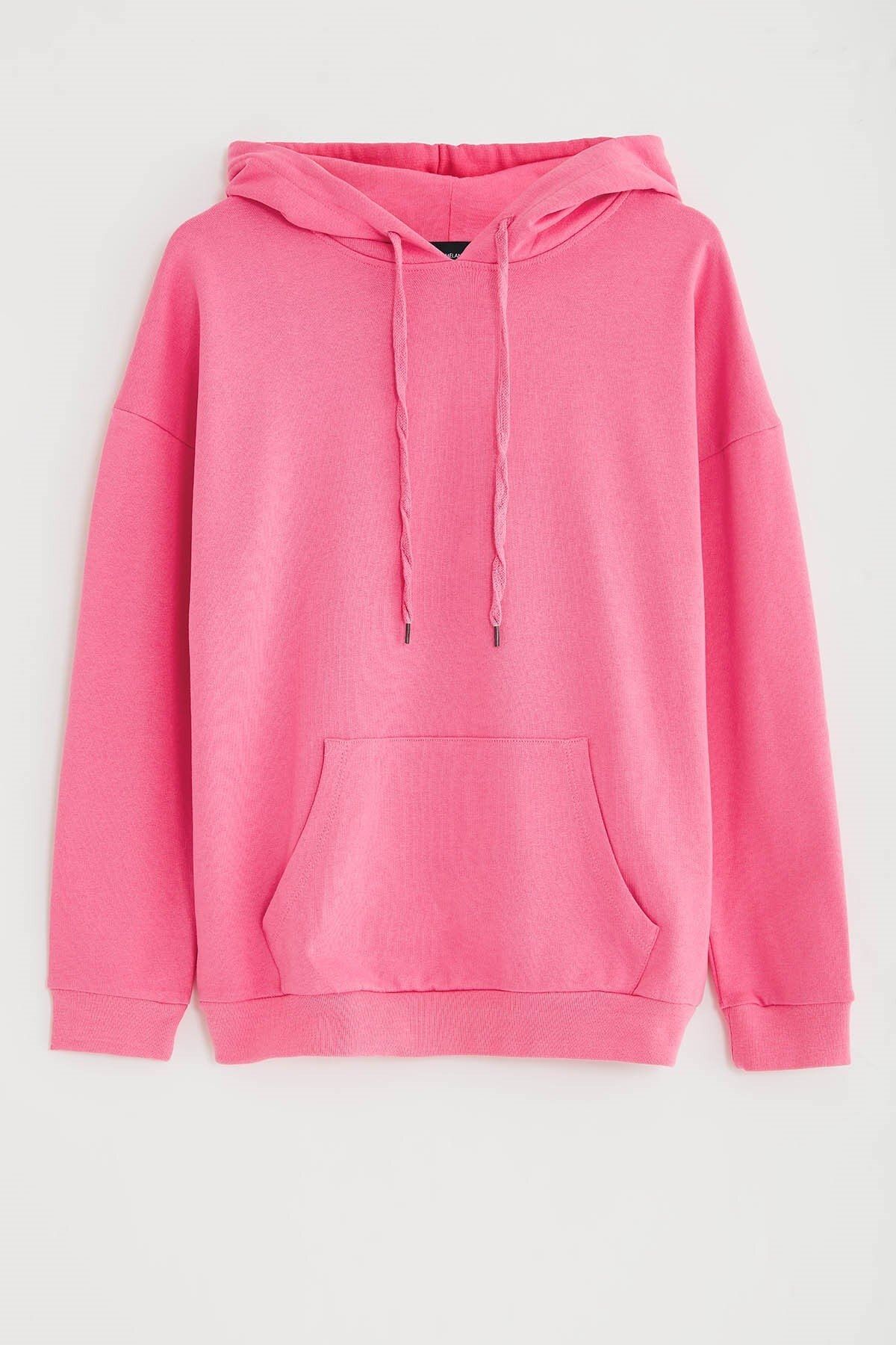 Grimelange Jane Kadin Pembe Basic Kapusonlu Sweatshirt Trendyol