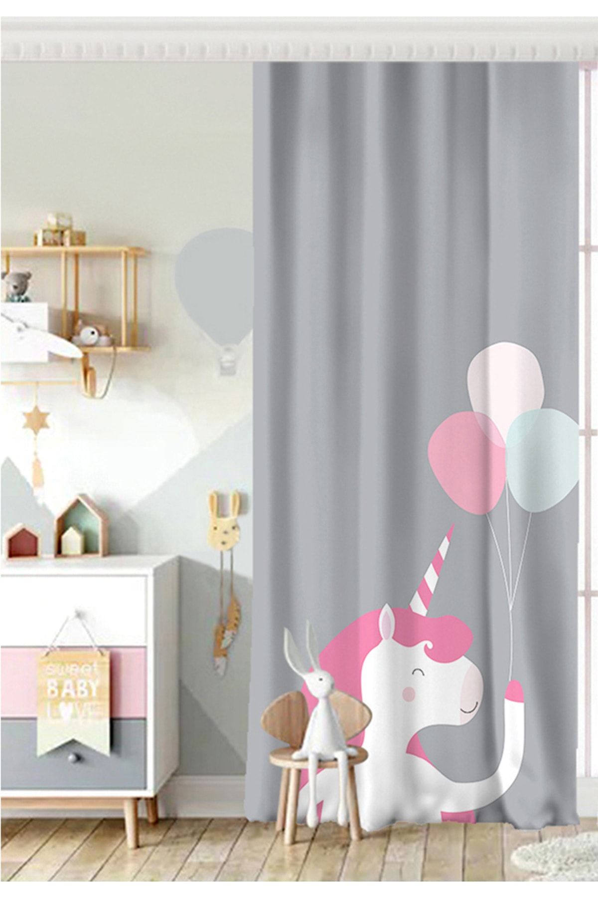 Realhomes Perdele Pentru Cameră Pentru Bebeluși Cu O Singură Aripă, Gri Cu Model Unicorn - Pe Podea - 140 x 200