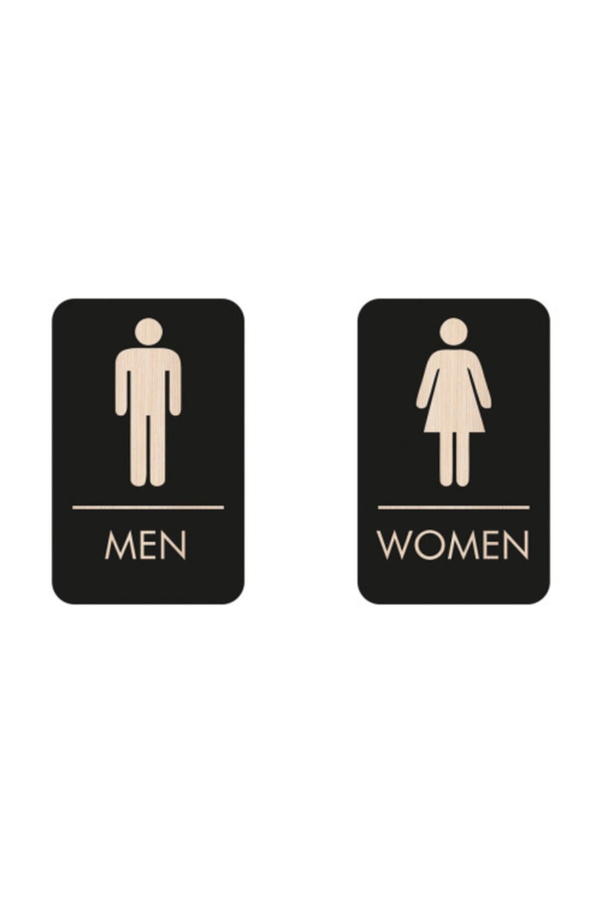 Kapbirhediye Erkek-Kadın  Wc Yönlendirme Yazısı Siyah Ahşap 8x13 cm 2 Adet