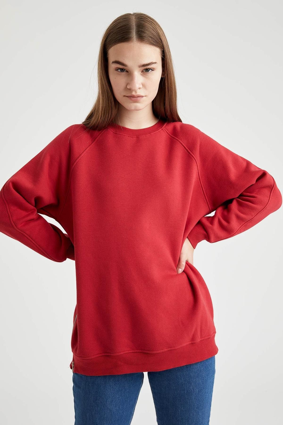 Defacto Kadin Kirmizi Basic Relax Fit Orme Sweat Tunik Trendyol