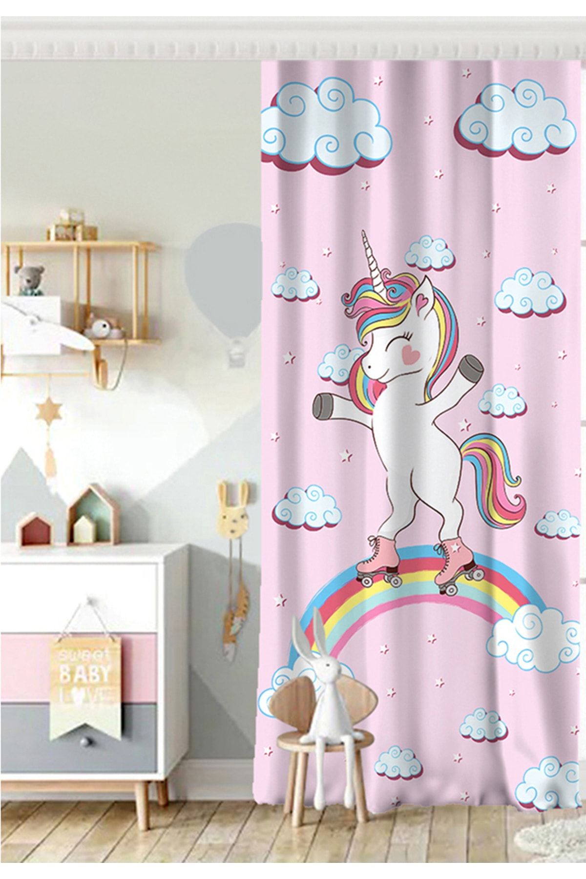Realhomes Cortina De Fundal Roz Cu Model Unicorn - Camera Pentru Copii Cu O Singură Aripă - 140 x 200