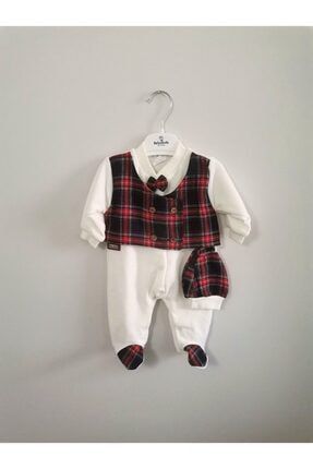 coco shoptr erkek bebek beyaz pamuklu kadife burberry ekose smokin patikli tulum sapka ve tulum 2 li takim fiyati yorumlari trendyol