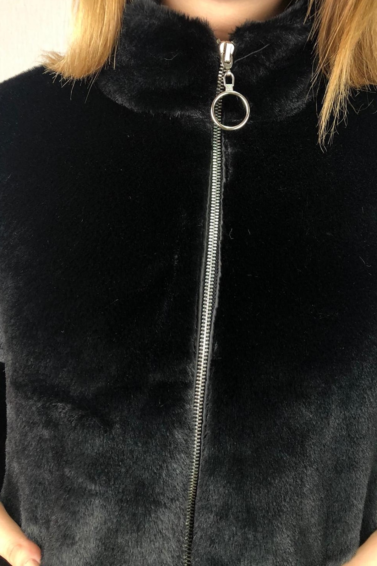 TwillCollection  Kadın Siyah Fermuarlı Kürk Mont - Görsel 2
