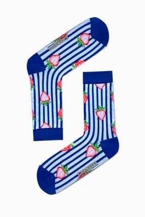 Mavi Dik Çemberli Çilek Desenli Renkli Çorap SKT-U1051-36-44