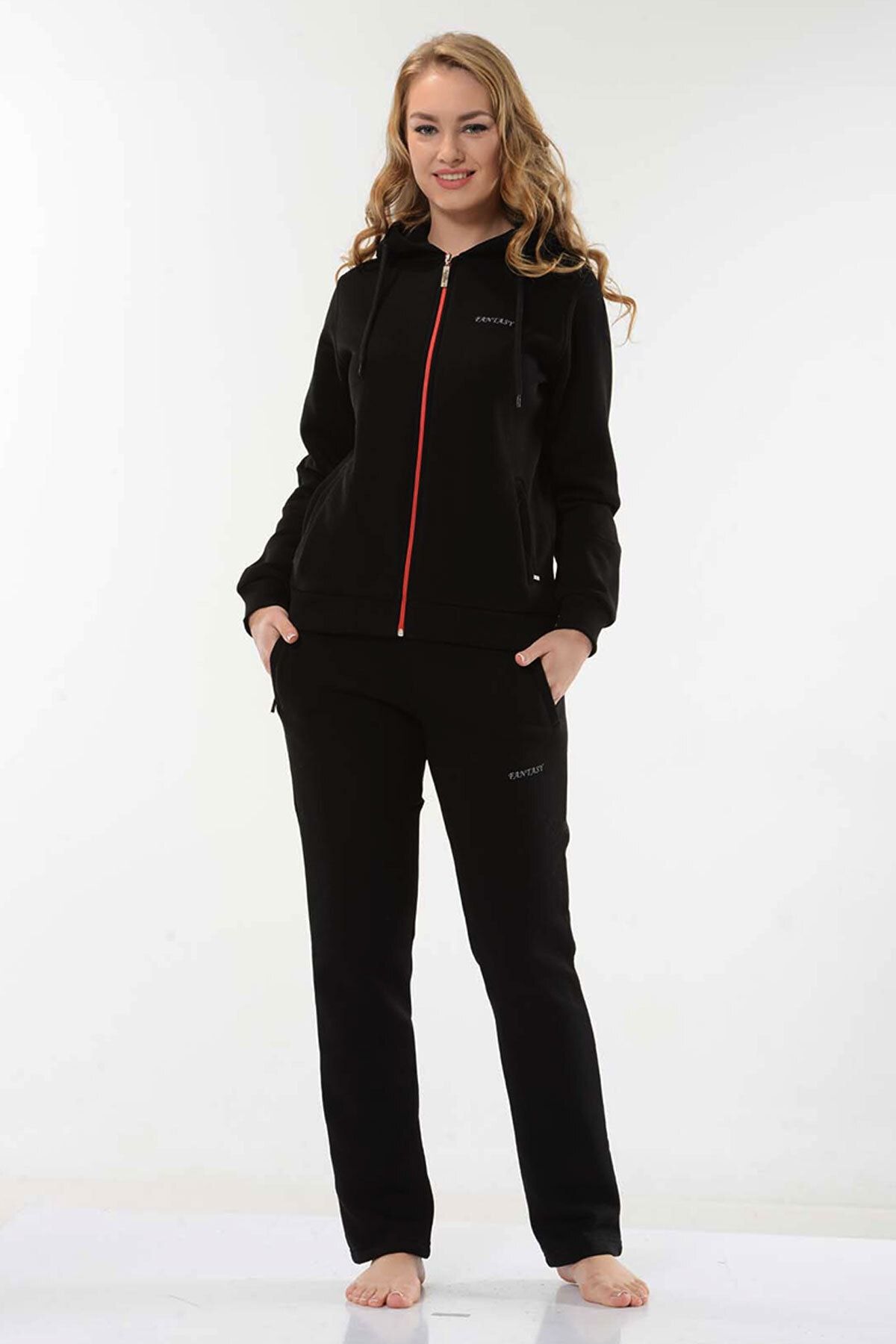 Fantasy Black Women s 3 Thread Ribbed Front Zipper Hooded
