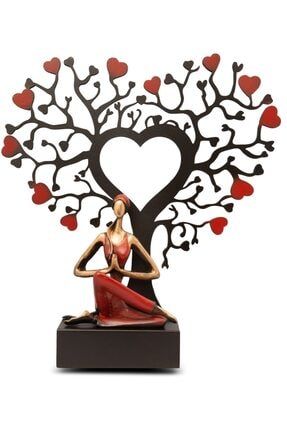 Kalp Şeklinde Ağaç Ve Yogacı Kız Dekoratif Hediyelik KIRMIZI-KALP-01