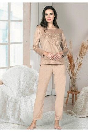 Kadın Kahverengi Kalpli Kadife Pijama Takımı NBB67072