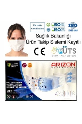 Arizona Mavi 1 Kutu 50 Adet Lastikli Burun Telli Ce Belgeli Ultrasonik Govde 3 Katli Cerrahi Maske Trendyol