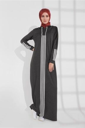 Kadın Antrasit Şerit Detaylı Pamuklu Eşofman Elbise 8609 20KESFTR8609