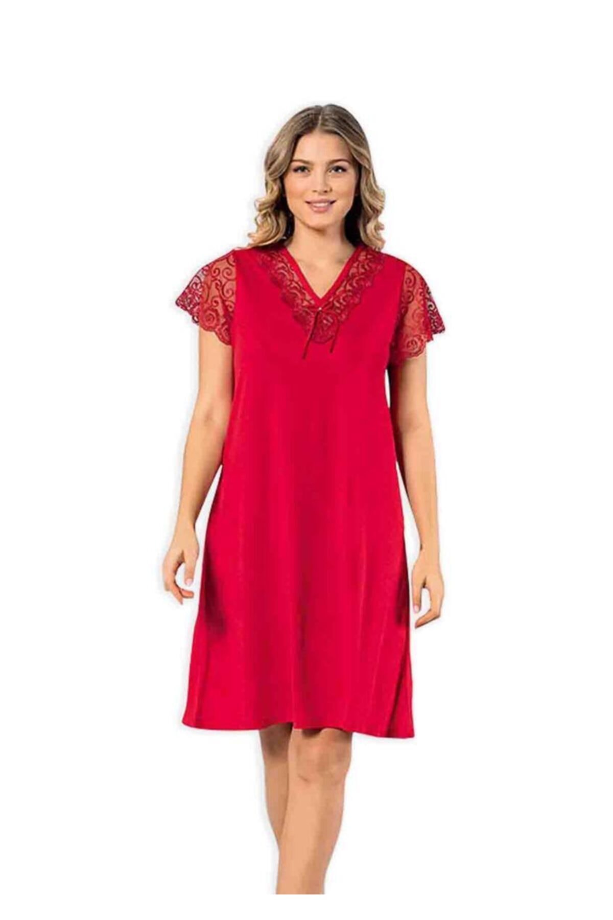 KOTA Yarım Kol Kadın Gecelik Dantelli Kırmızı ULUS6301