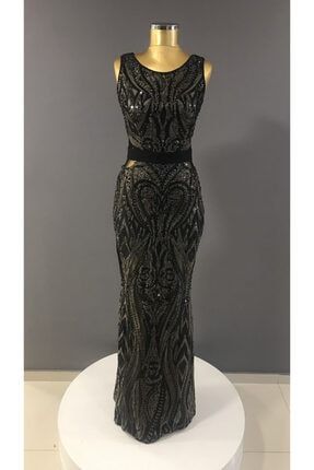 Kadın Siyah Pul Payet Balık Model Uzun Elbise Abiye RENK 4503