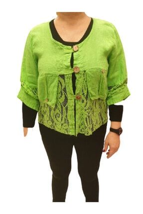Kadın Yeşil Pamuklu Keten Ceket 010
