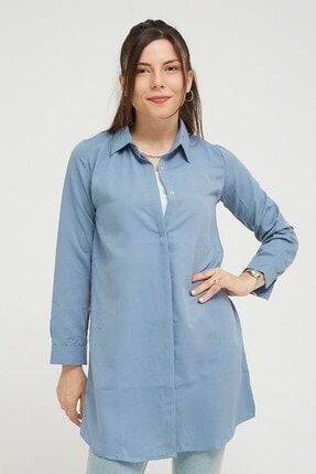 Kadın Mavi Gizli Düğmeli Gömlek Tunik YGZ22899